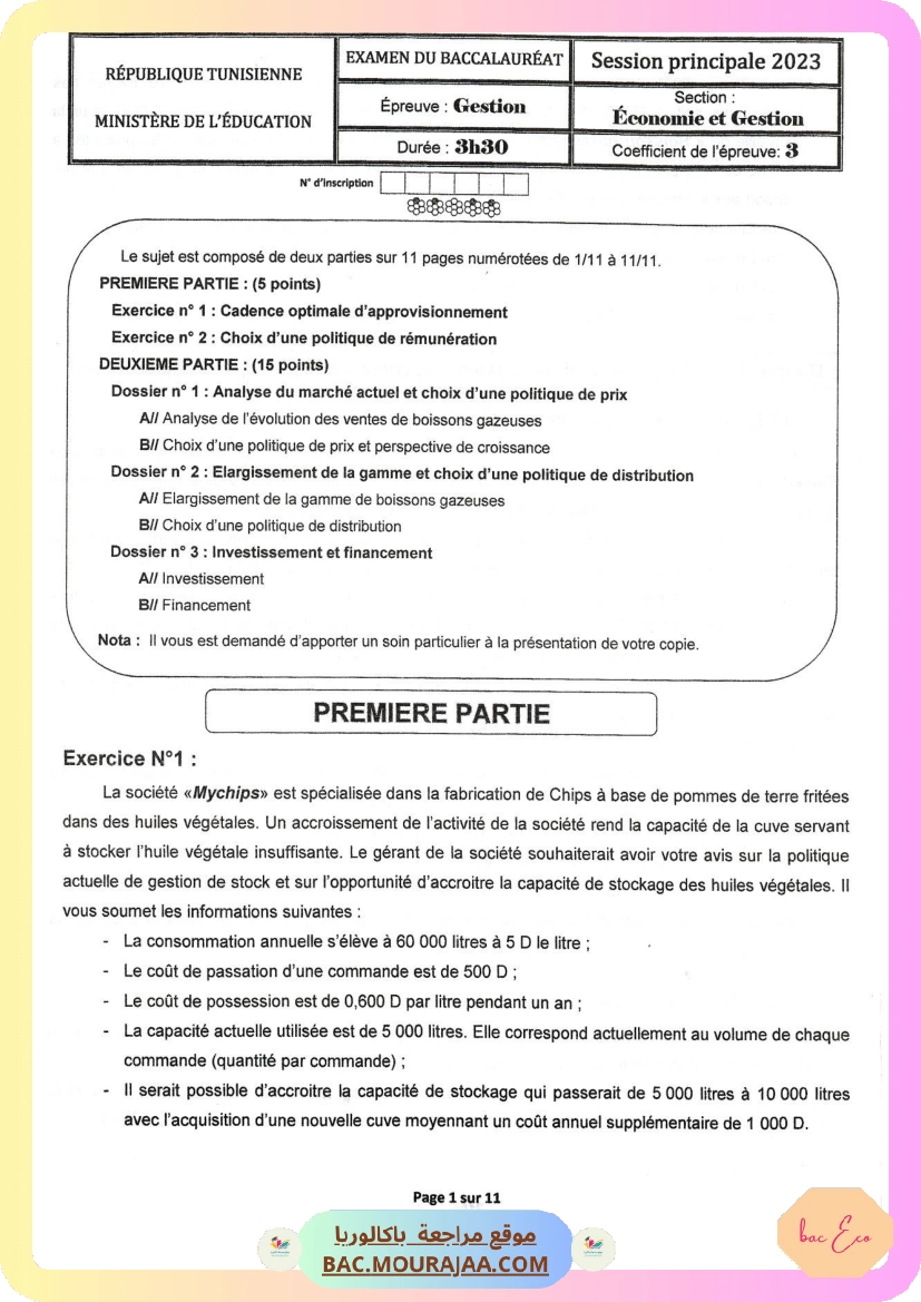Sujet principale gestion Bac 2023 – Section eco